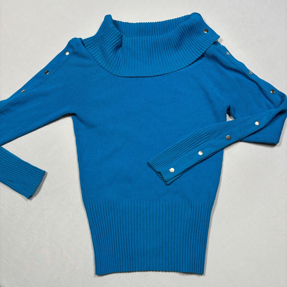 Cache Sweater Womens Large Blue Ribbed Cowl Neck Snap Button Long Sleeve Ribbed - Picture 2 of 9